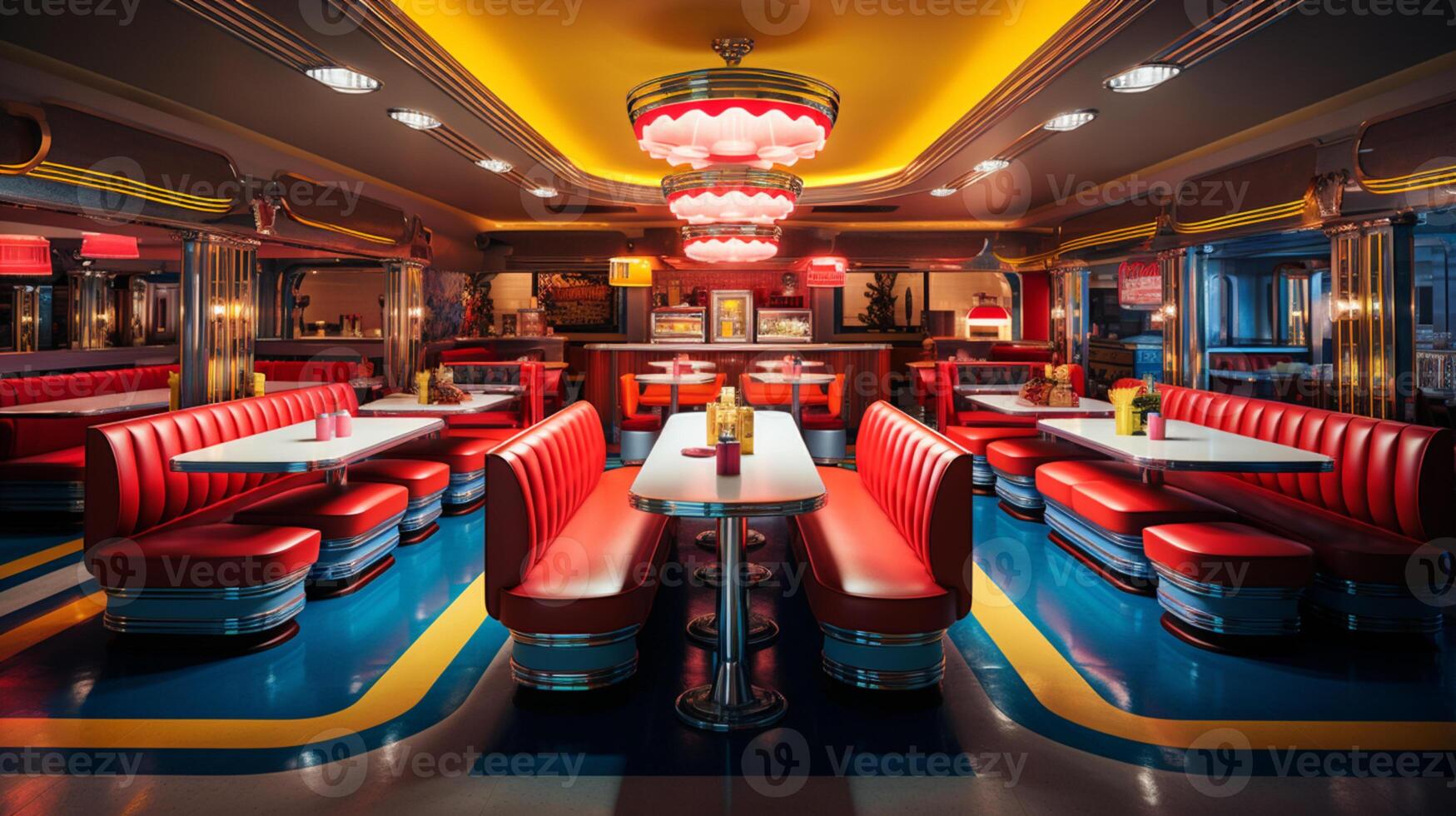 Retro vintage diner restaurant, interior design, stylish old fashioned design concept, AI Generative photo