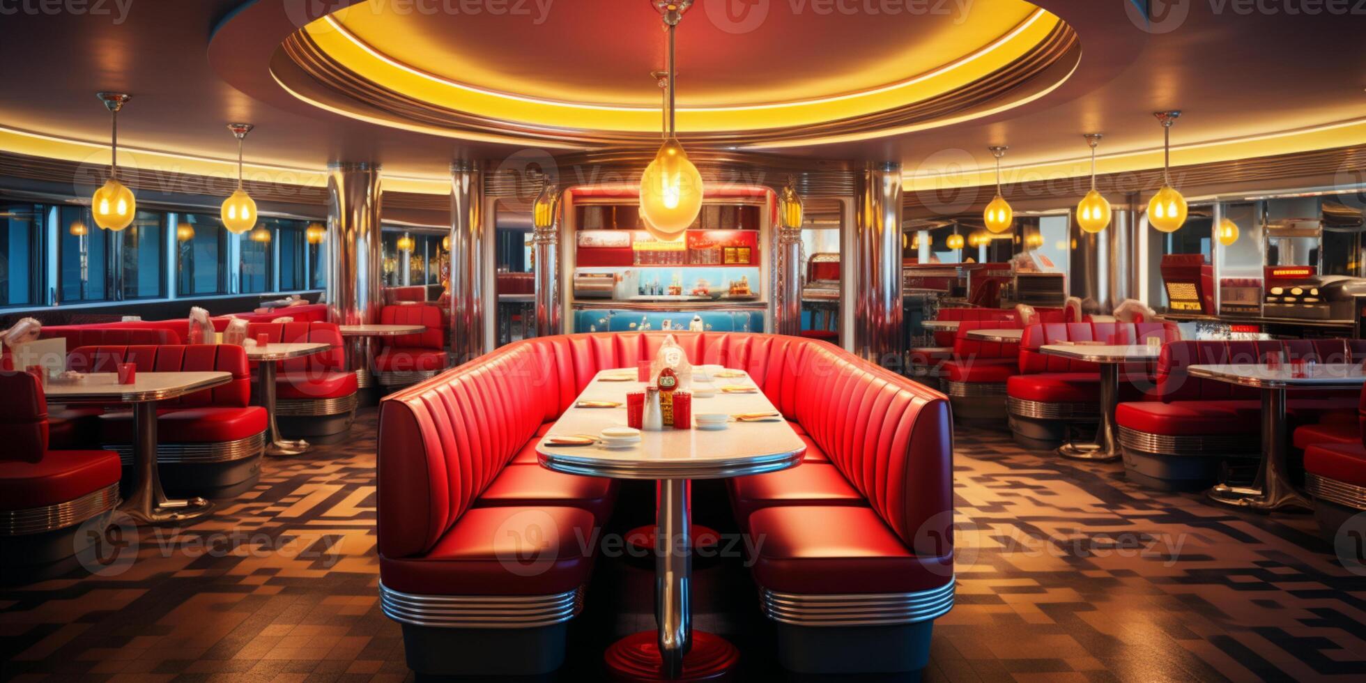 Retro vintage diner restaurant, interior design, stylish old fashioned design concept, AI Generative photo