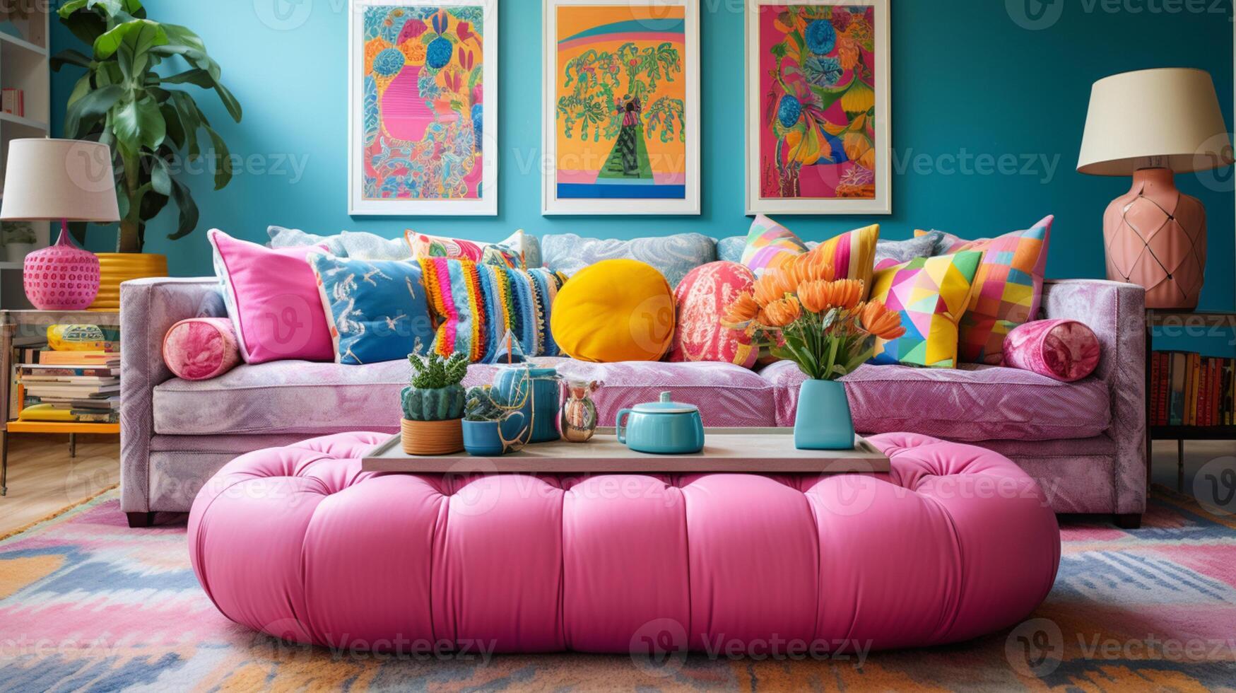 Furnished Modern Living room, bright blue and pink color palette, interior design, AI Generative