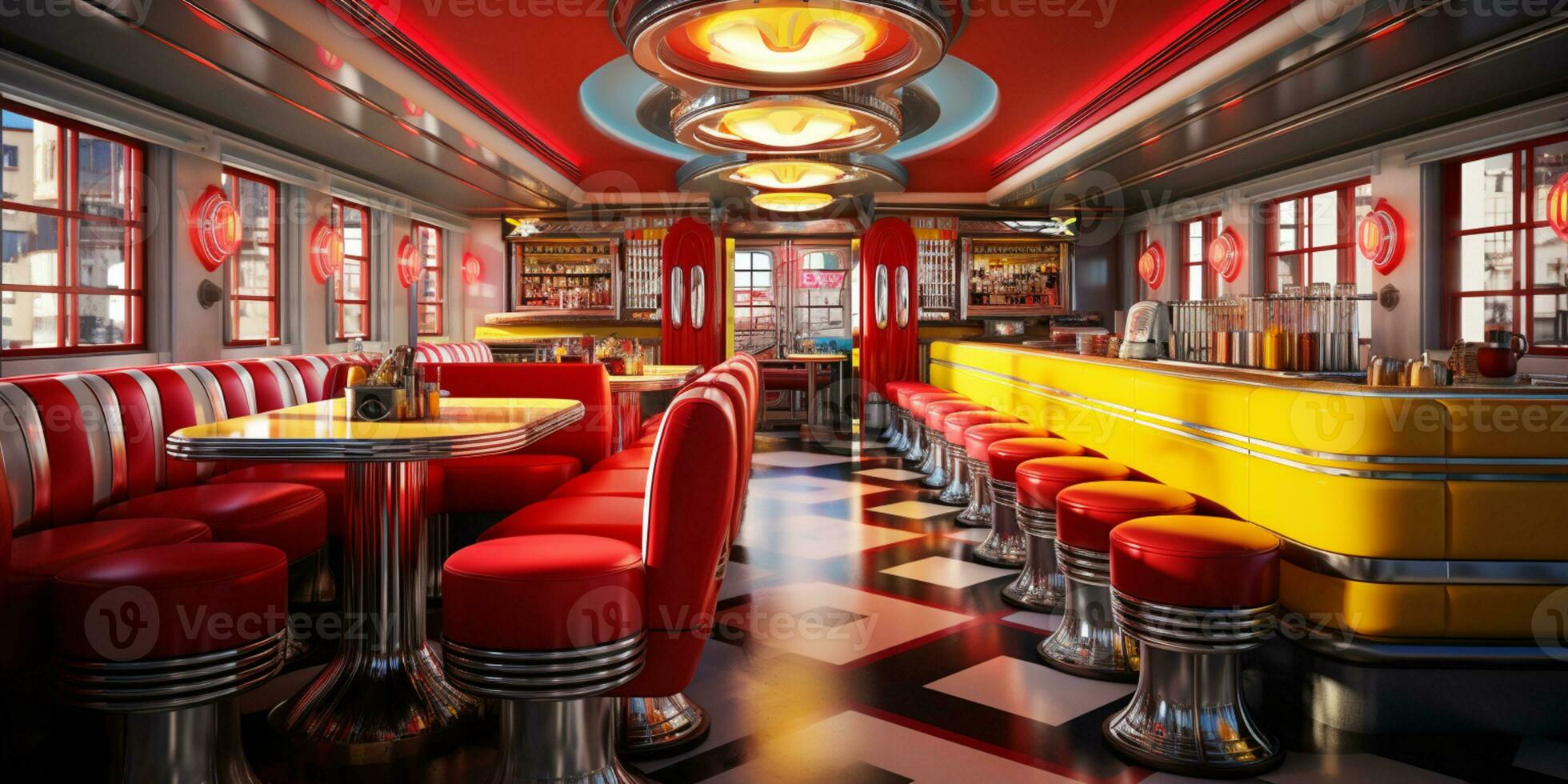 Retro vintage diner restaurant, interior design, stylish old fashioned design concept, AI Generative photo