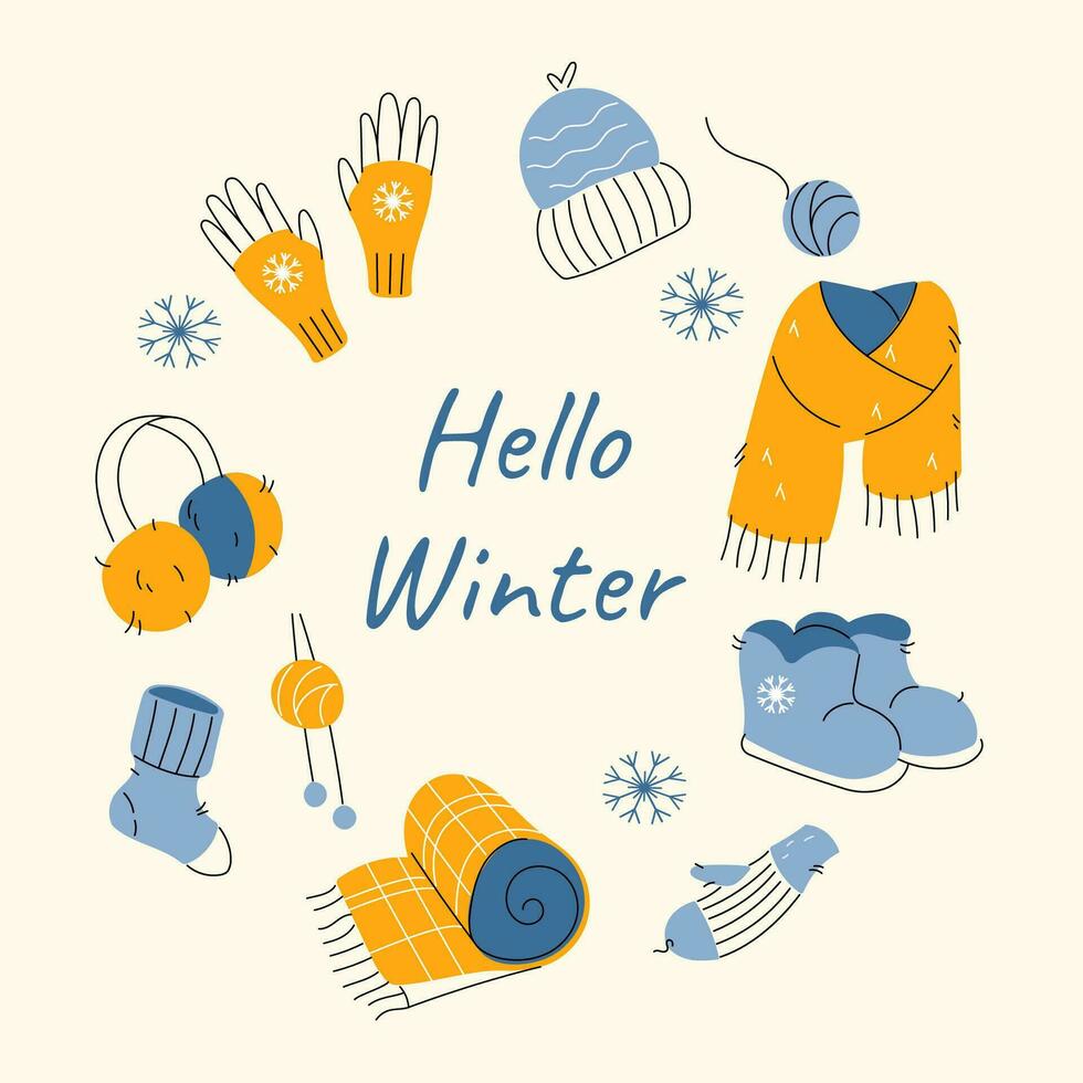 Hello winter round frame with knitted clothes, wool skein and snowflakes. Greeting card or postcard background design. Modern hand drawn doodle vector illustration.