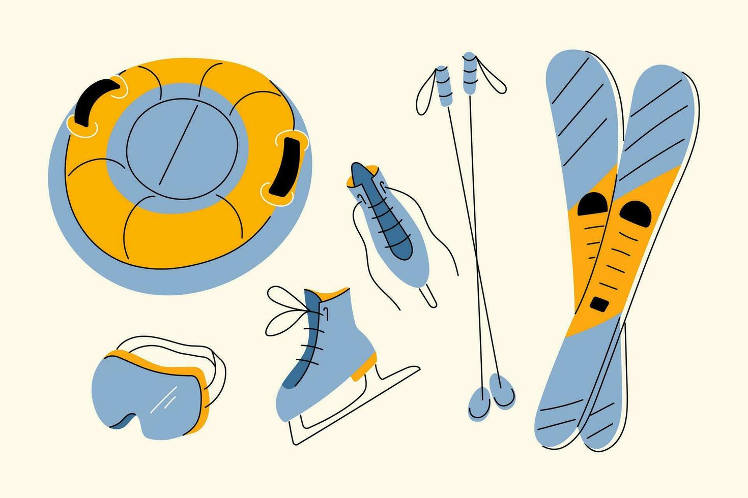 Skates, skis with poles, tube and protective mask. Winter family outdoor sport activity elements set. Modem hand drawn flat style vector illustrations.