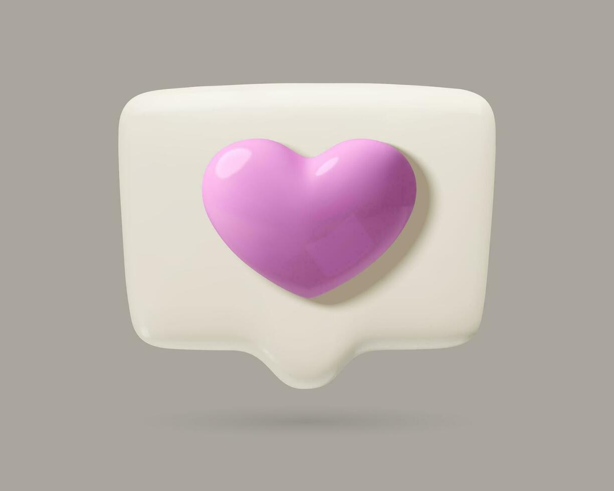 3D realistic speech bubble and pale pink heart. Like notification or romantic message 3d icon. February 14 and Valentine's day chat box three dimensional vector illustration.