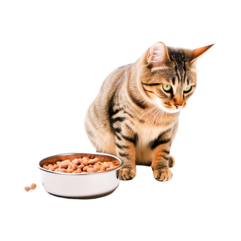 Gray cat eating brown cat food, Generative Ai png