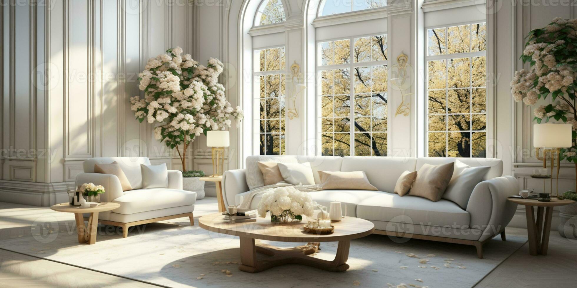 Interior Design Luxurious modern Living room, minimal tall window, Cozy sofa, serene nature scenery, Elegant villa, AI Generative photo