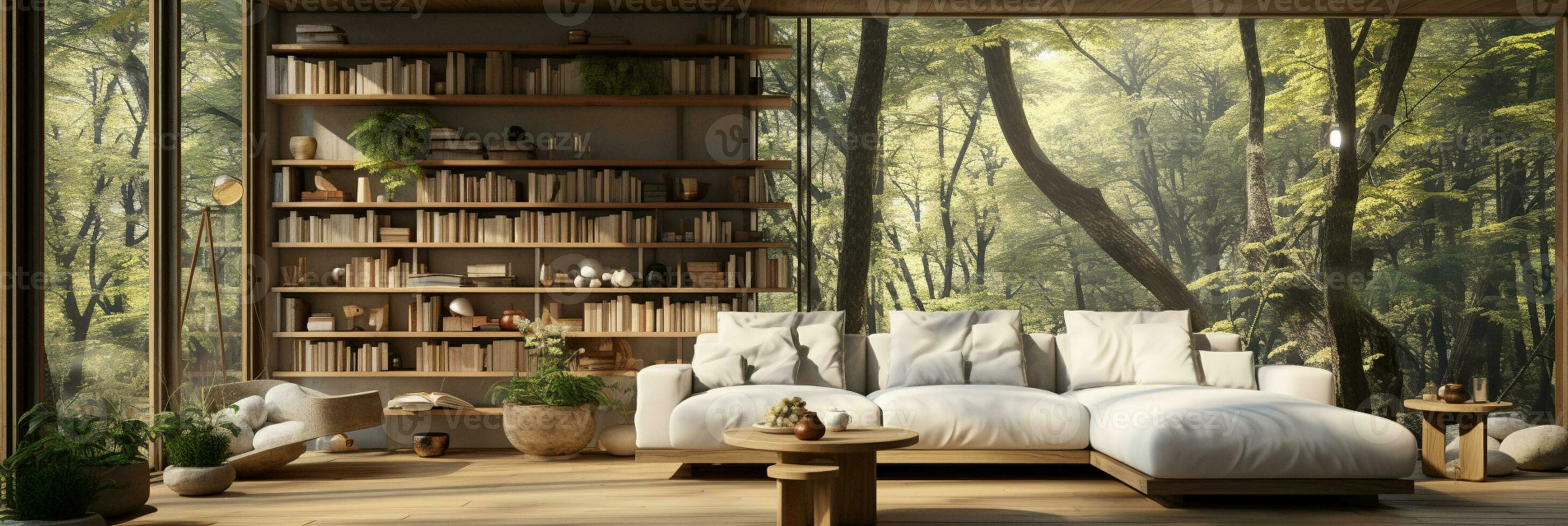 Interior Design, Minimalistic Living room with serene nature view, Beautiful villa design in the forest, AI Generative photo