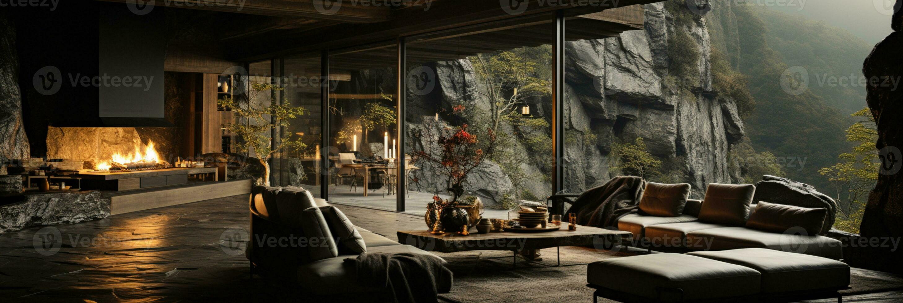 Interior Design, Living room with serene nature view, Beautiful mansion design in the forest, AI Generative photo