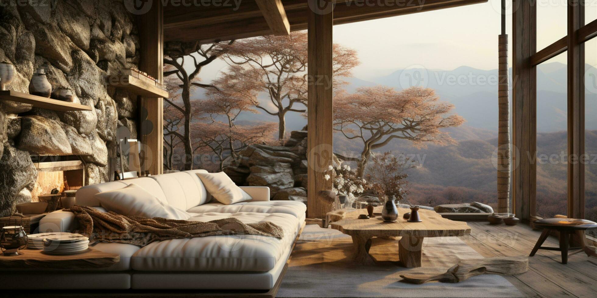Interior Design, Minimalistic Living room with serene nature view, Beautiful villa design in the forest, AI Generative photo