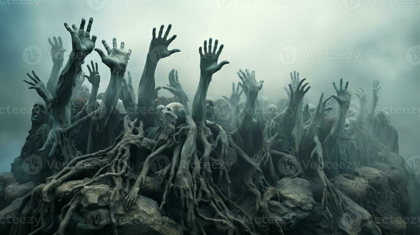 Ghost scenery Halloween background, Zombie Apocalypse, scary haunted cemetery, AI Generative photo