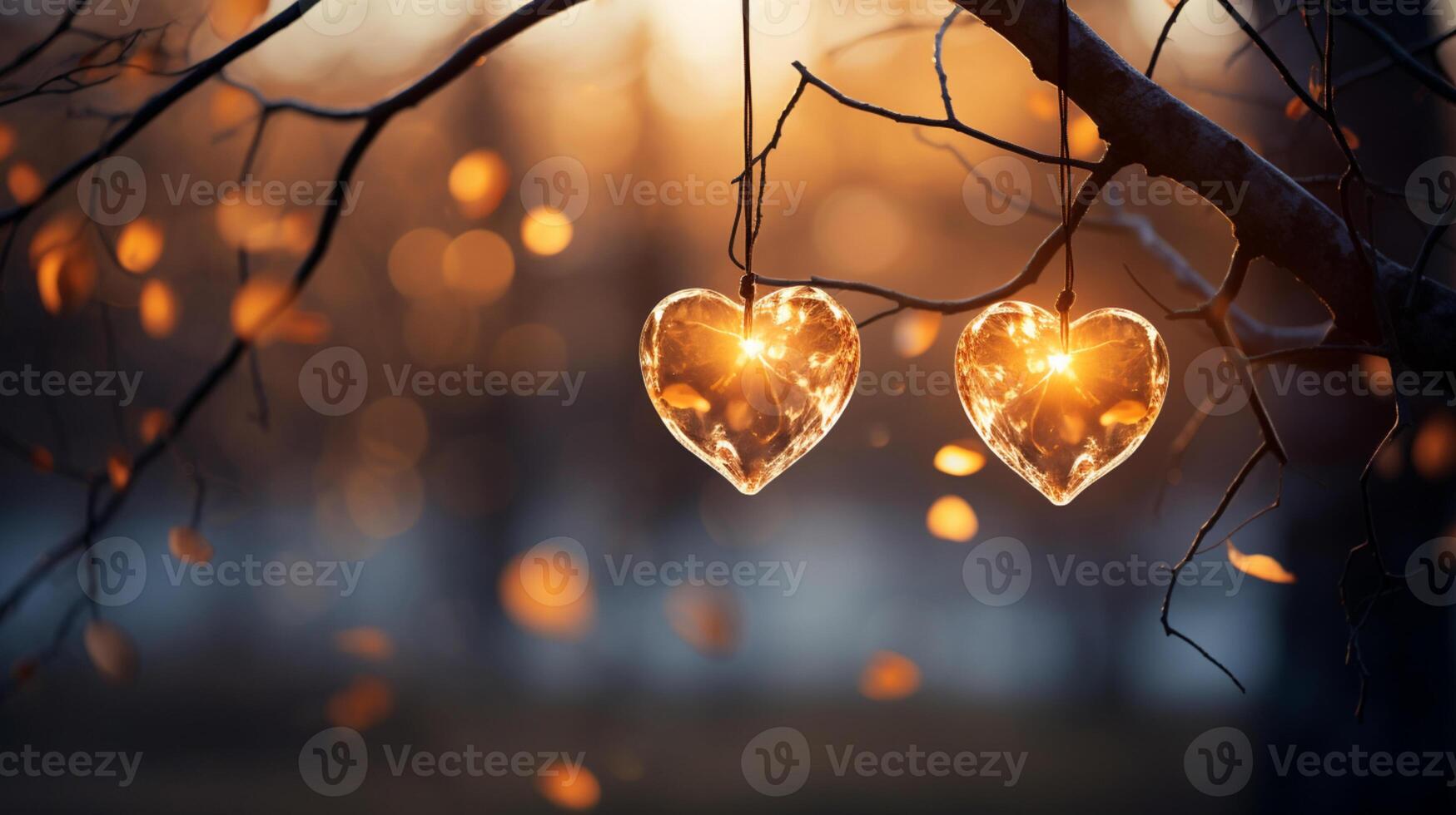 Sparkle Glowing Heart reflected lights, orange and gold, captivating visual, Romantic scenery, dreamy, copy space, greeting card, AI Generative photo