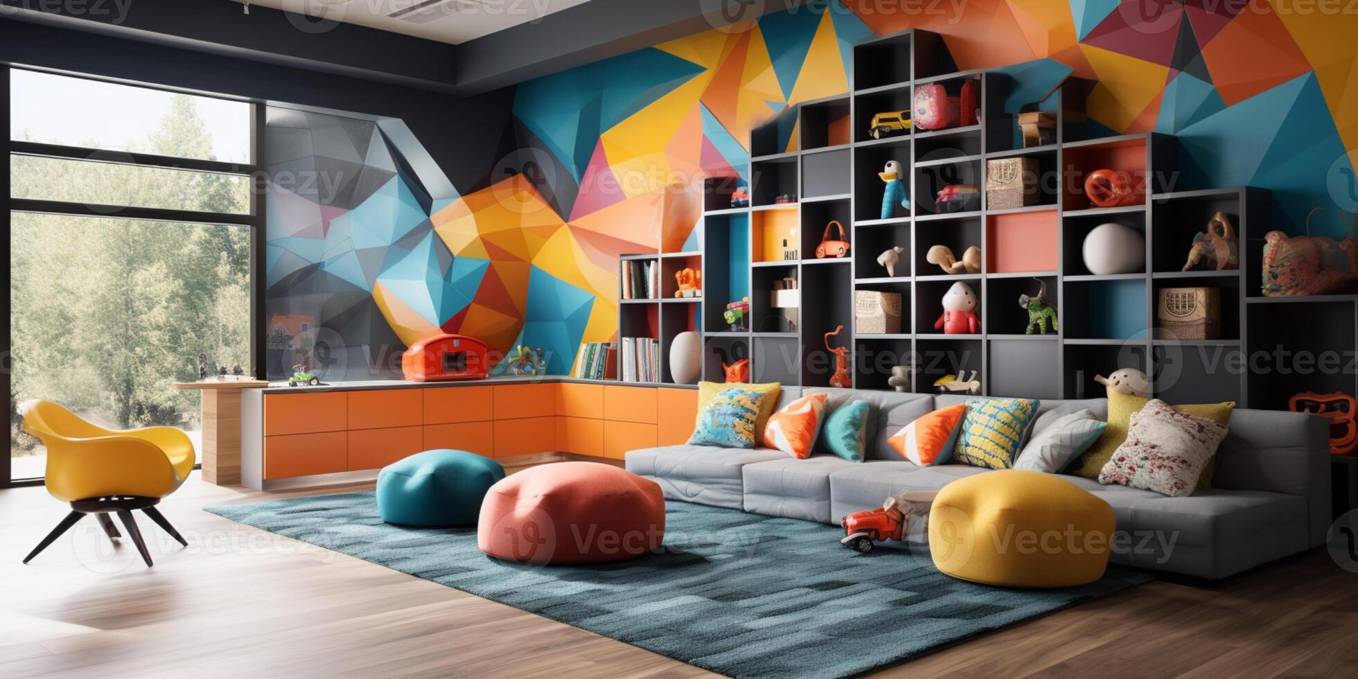 A beautiful Interior design of a colorful kindergarten, educational playroom, kid learning space, nursery, AI Generative photo