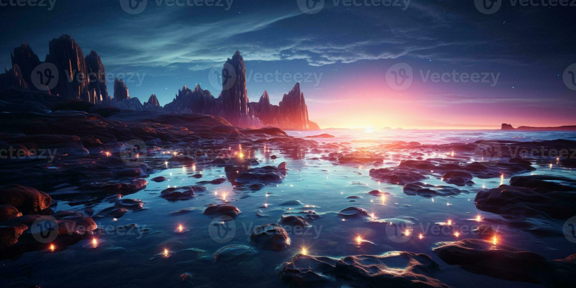 Fantasy seascape, Night view of the ocean, glowing sea, Beautifully starry night sky, dreamy atmosphere, AI Generative photo