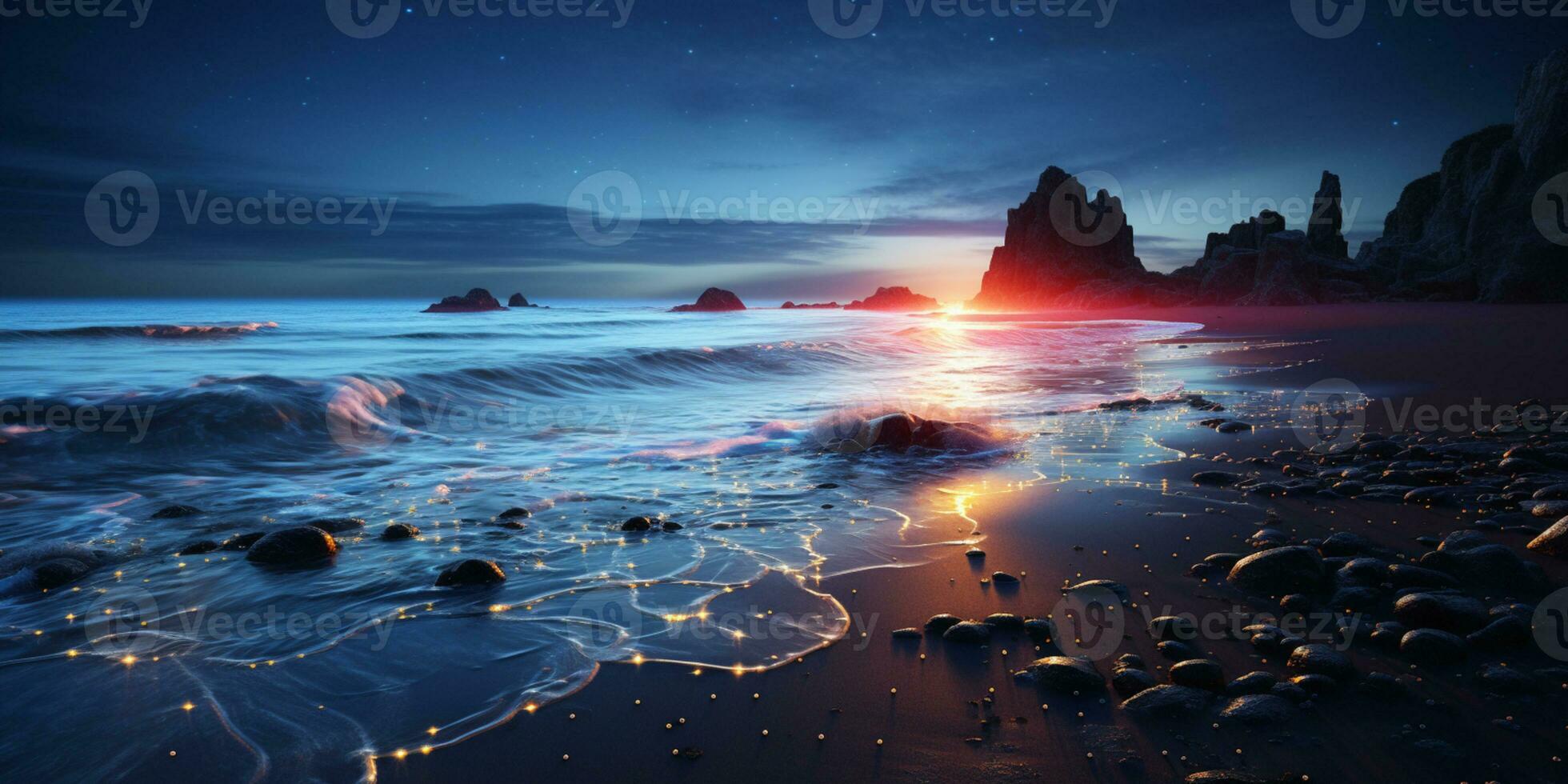 Fantasy seascape, Night view of the ocean, glowing sea, Beautifully starry night sky, dreamy atmosphere, AI Generative photo