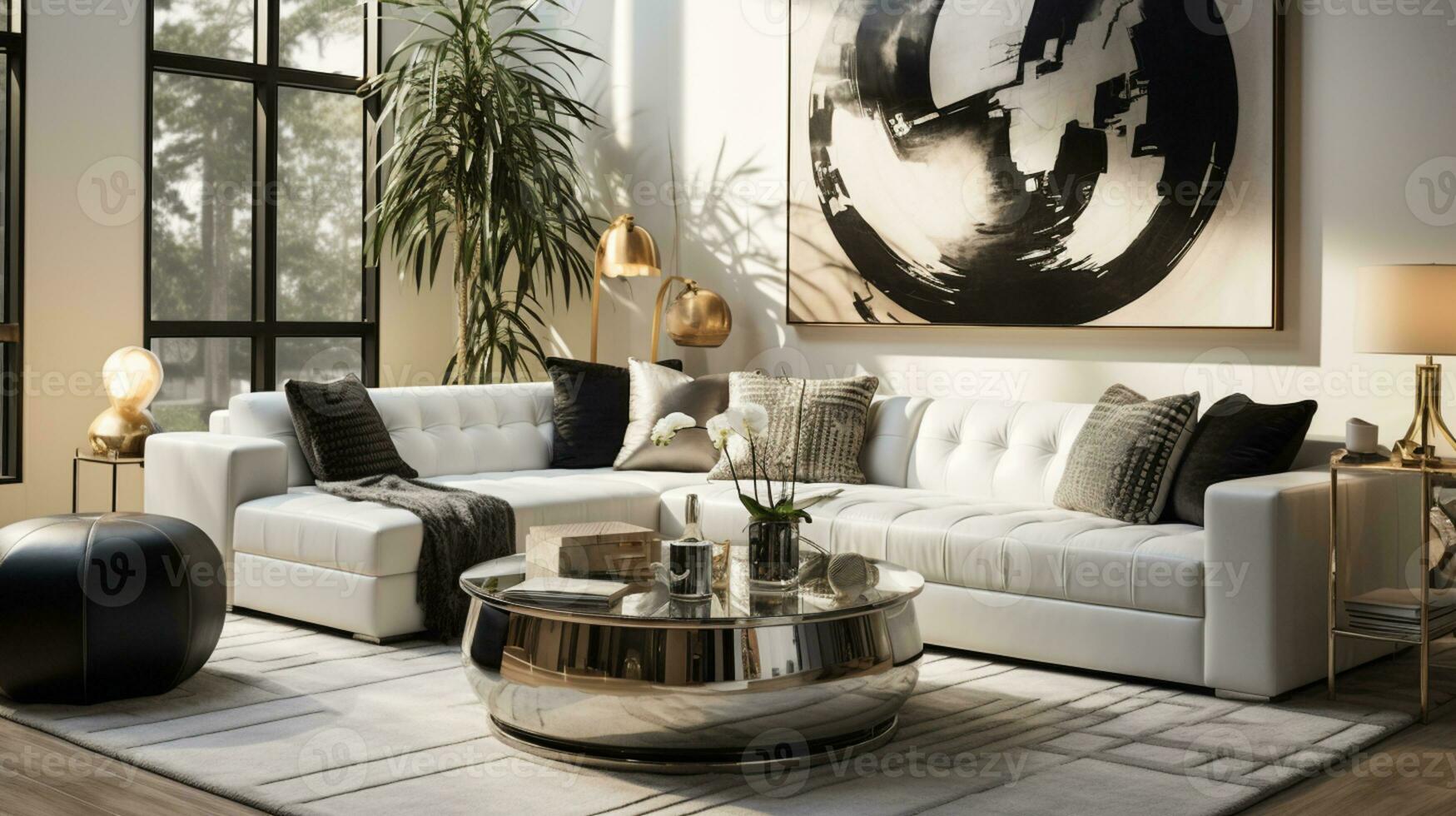 Luxurious furnished Living room, spacious cozy sofa, black and white monochrome palette, elegant interior design, AI Generative photo