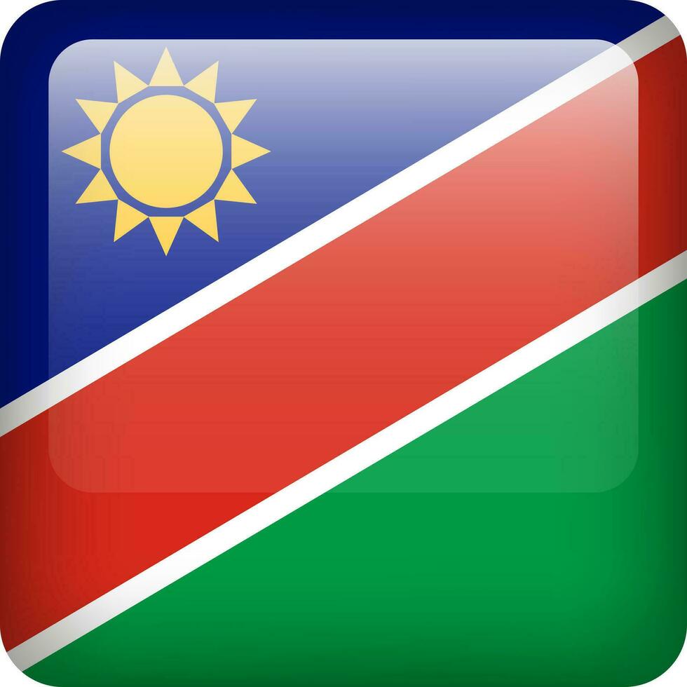 3d vector Namibia flag glossy button. Namibian national emblem. Square icon with flag of Namibia