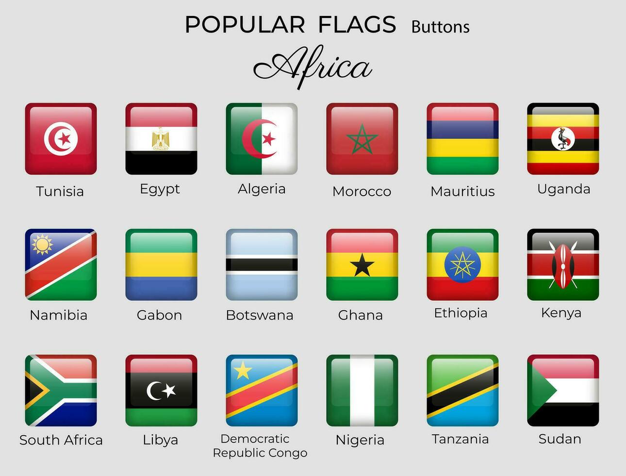 botones banderas de africano países. África bandera icono colocar. 3d cuadrado diseño. Nigeria Uganda Egipto Kenia vector aislado