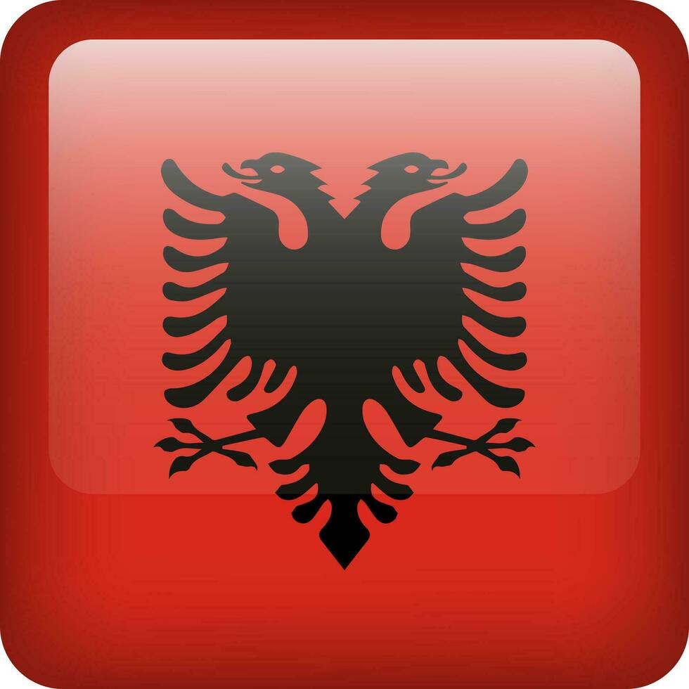 3d vector Albania flag glossy button. Albanian national emblem. Square icon with flag of Albania