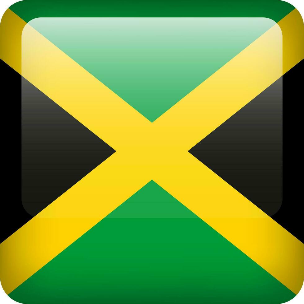 3d vector Jamaica flag glossy button. Jamaica national emblem. Square icon with flag of Jamaica