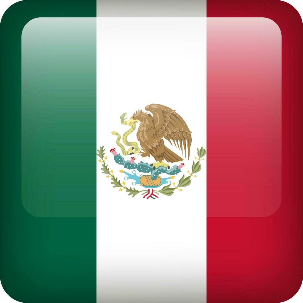 3d vector Mexico flag glossy button. Mexican national emblem. Square icon with flag of Mexico.