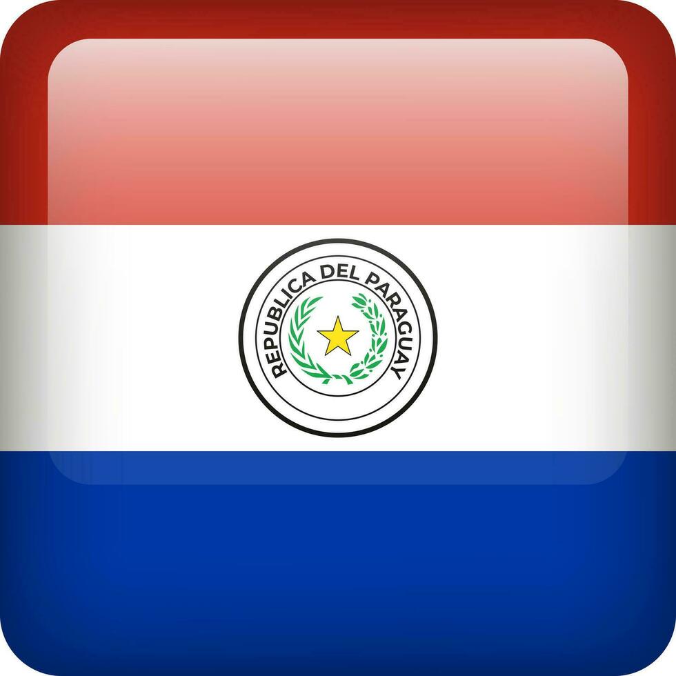 3d vector Paraguay flag glossy button. Paraguayan national emblem. Square icon with flag of Paraguay