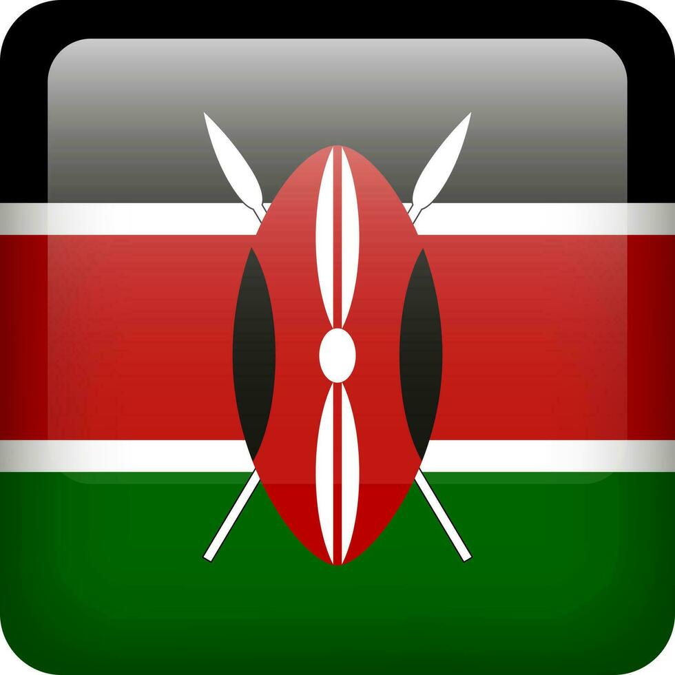 3d vector Kenya flag glossy button. Kenyan national emblem. Square icon with flag of Kenya