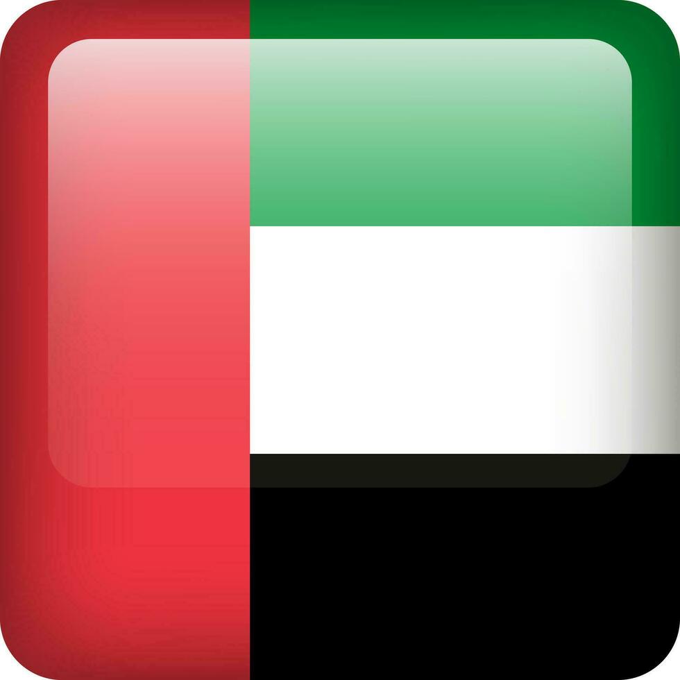 3d vector United Arab Emirates flag glossy button. UAE national emblem. Square icon with flag of Arab Emirates.