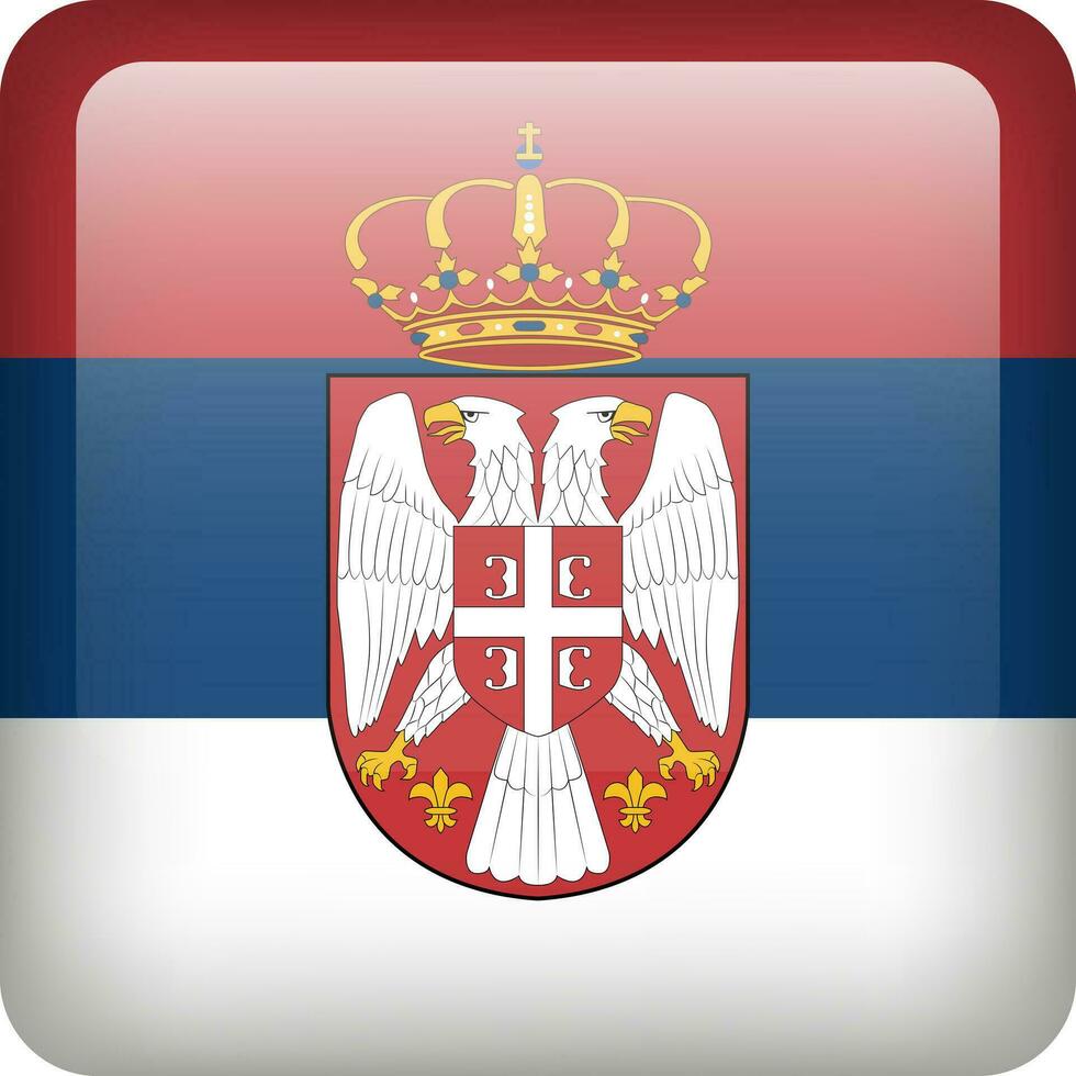 3d vector Serbia flag glossy button. Serbian national emblem. Square icon with flag of Serbia