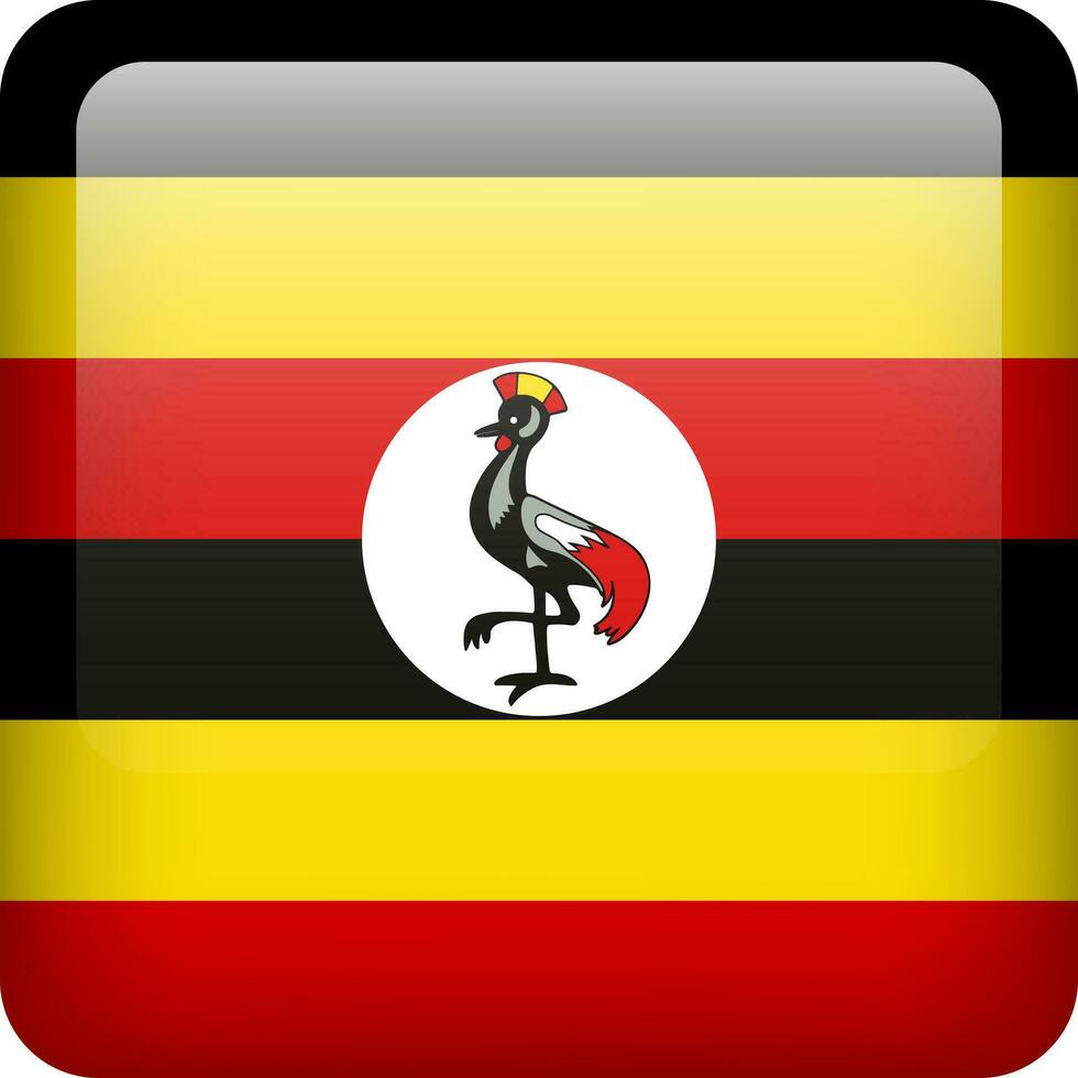 3d vector Uganda flag glossy button. Uganda national emblem. Square icon with flag of Uganda