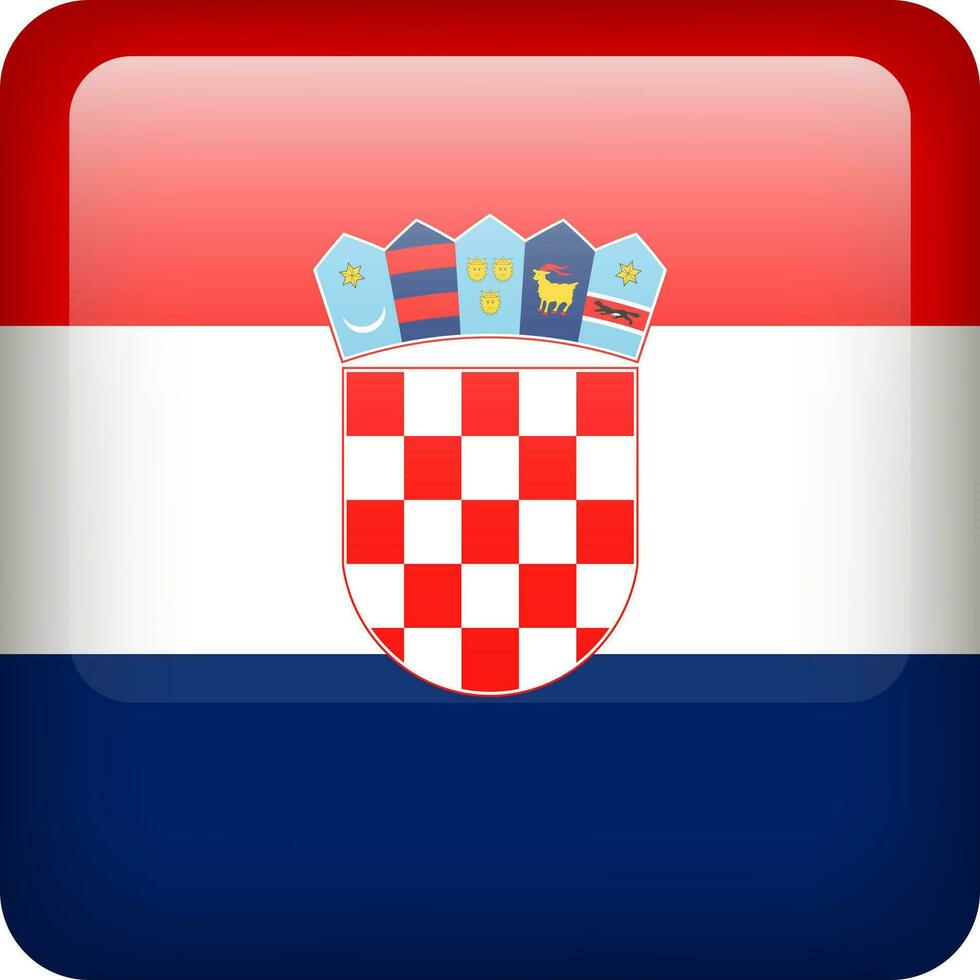 3d vector Croatia flag glossy button. Croatian national emblem. Square icon with flag of Croatia