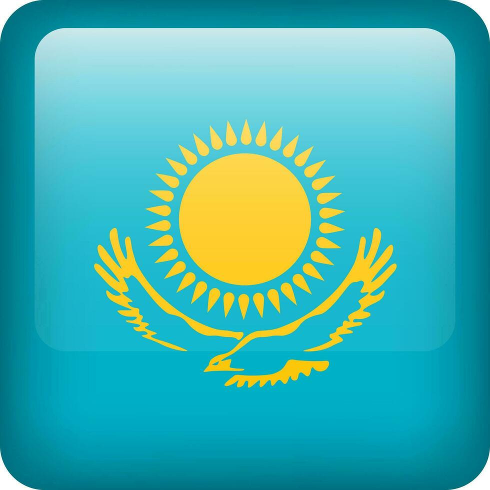 3d vector Kazakhstan flag glossy button. Kazakh national emblem. Square icon with flag of Kazakhstan