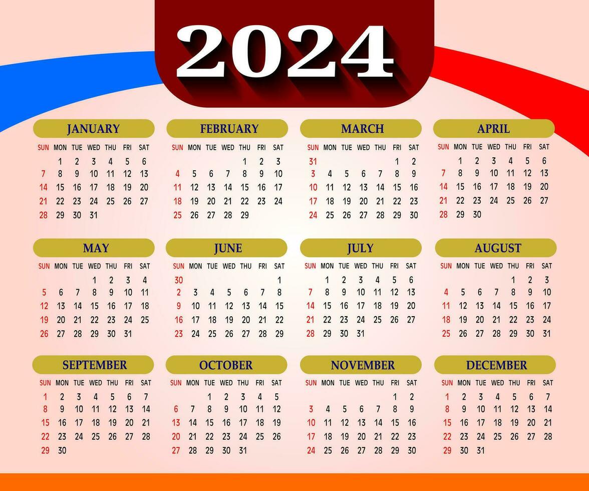 2024 uno página pared calendario diseño plantilla, moderno 12 meses uno página calendario. moderno pared calendario diseño 2024. impresión Listo uno página pared calendario modelo diseño para 2024. semana empieza en domingo. vector