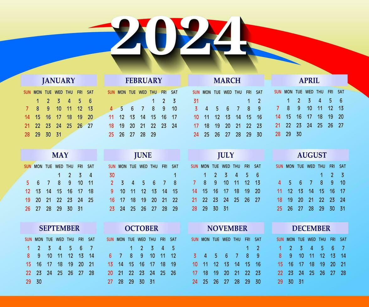 2024 One page wall calendar design template, modern 12 months one page calendar. Modern wall calendar design 2024. Print Ready One Page wall calendar template design for 2024. Week starts on Sunday. vector