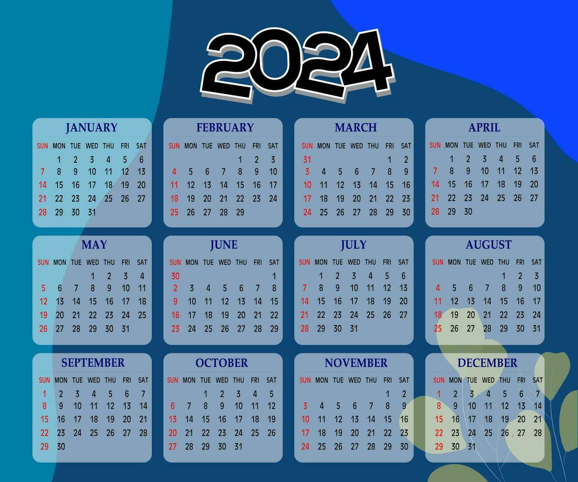 2024 One page wall calendar design template, modern 12 months one page calendar. Modern wall calendar design 2024. Print Ready One Page wall calendar template design for 2024. Week starts on Sunday. vector