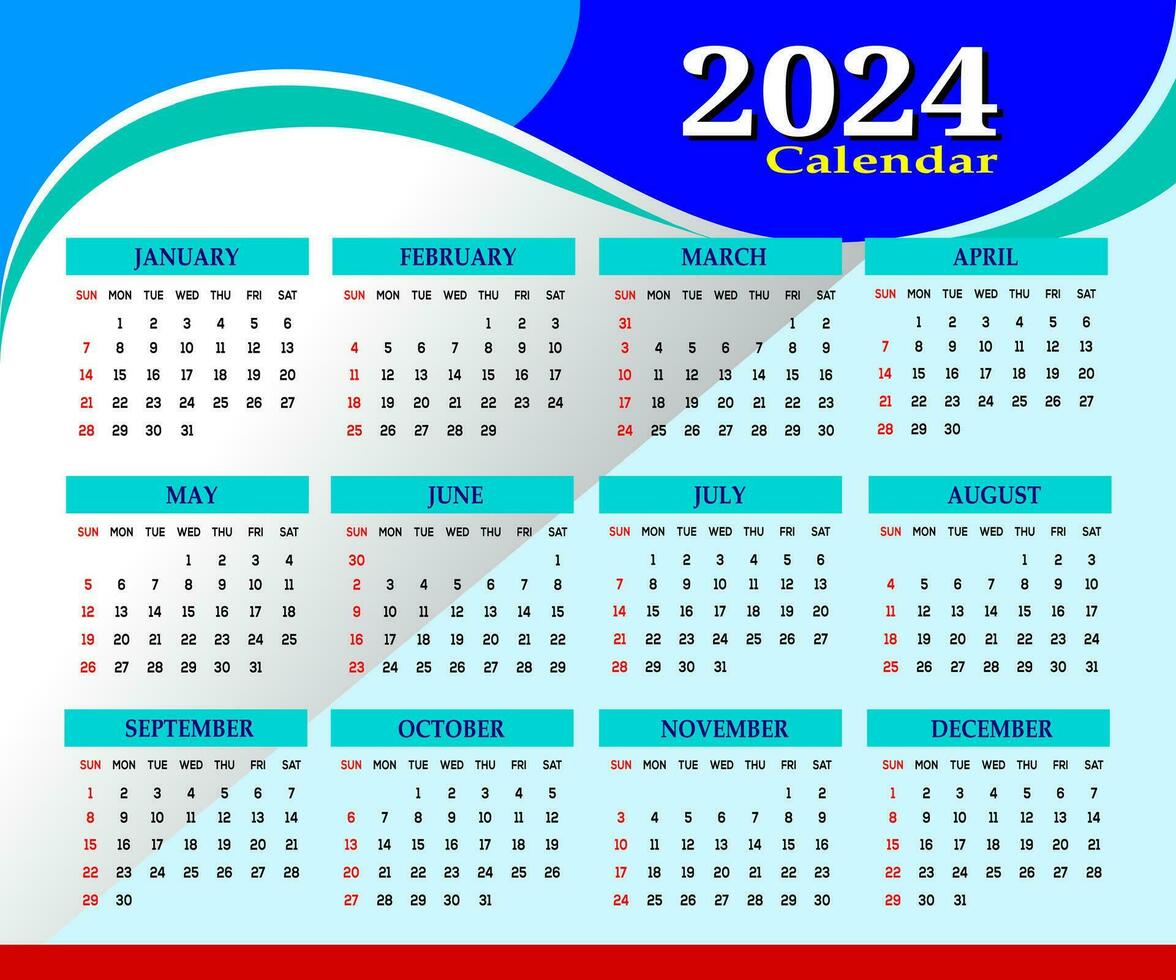 2024 One page wall calendar design template, modern 12 months one page calendar. Modern wall calendar design 2024. Print Ready One Page wall calendar template design for 2024. Week starts on Sunday. vector