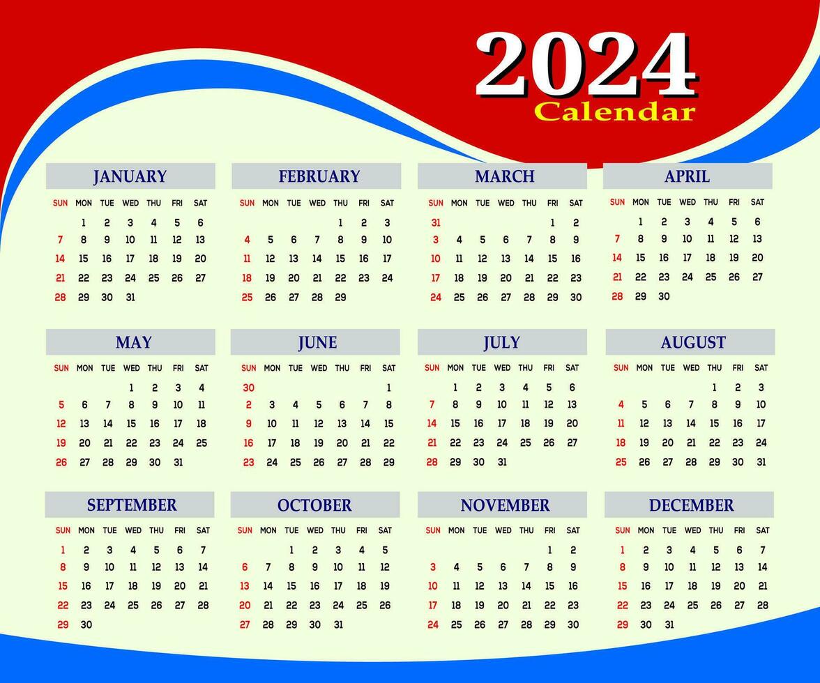 2024 uno página pared calendario diseño plantilla, moderno 12 meses uno página calendario. moderno pared calendario diseño 2024. impresión Listo uno página pared calendario modelo diseño para 2024. semana empieza en domingo. vector