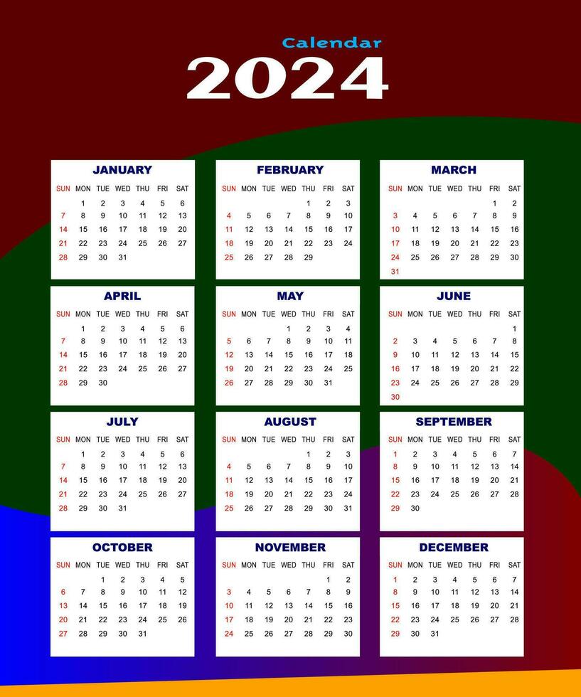 2024 uno página pared calendario diseño plantilla, moderno 12 meses uno página calendario. moderno pared calendario diseño 2024. impresión Listo uno página pared calendario modelo diseño para 2024. semana empieza en domingo. vector