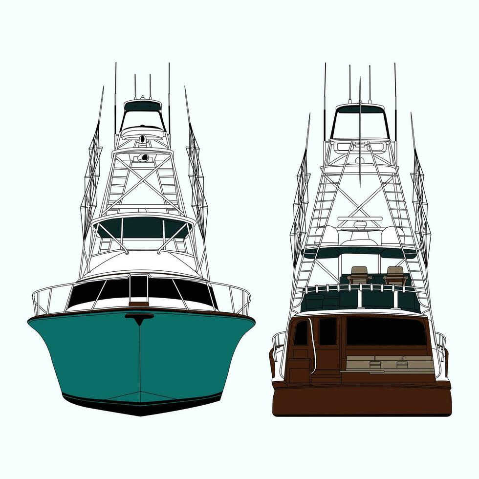 Front and back view fishing boat vector line art illustration