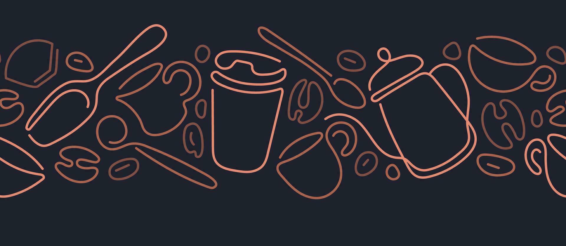 Coffee art line border. Abstract cups, pot, grains vector
