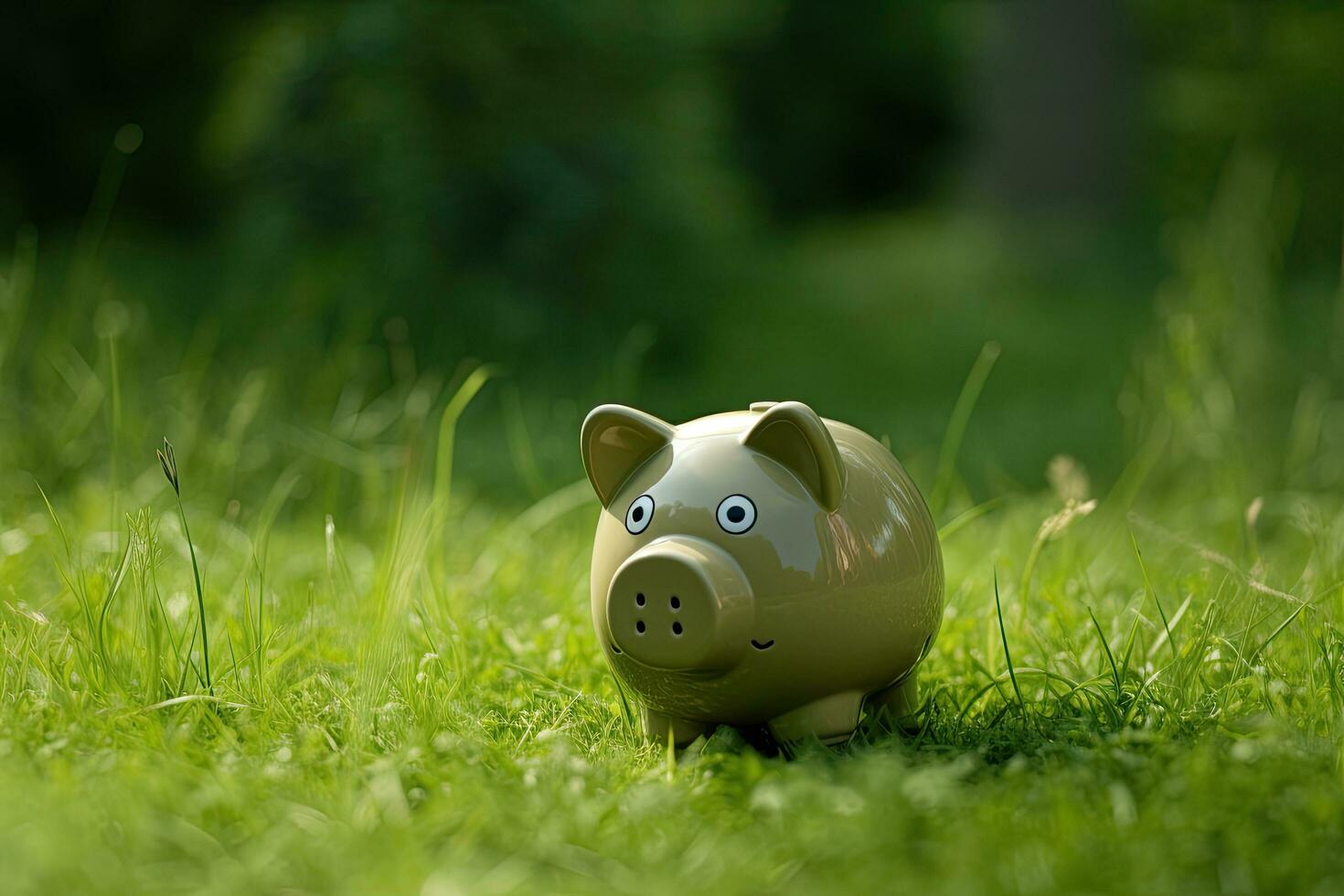 Piggy bank on green grass background. 3d illustration, Piggy bank on the grass, AI Generated photo