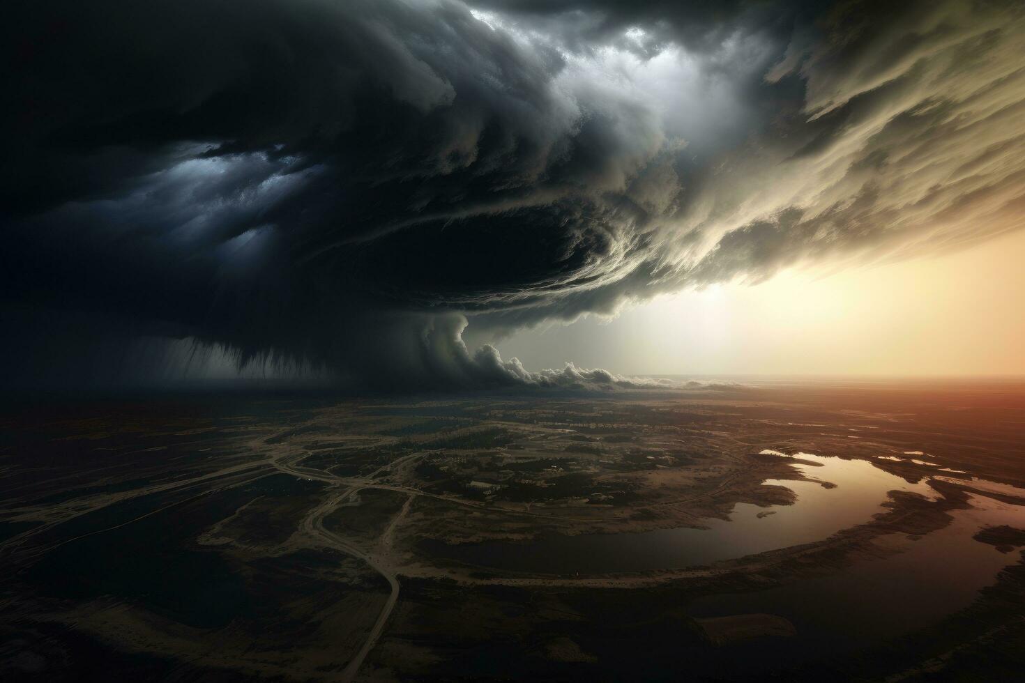 Dramatic stormy sky over lake. 3d render illustration, panorama of the mountains, AI Generated photo
