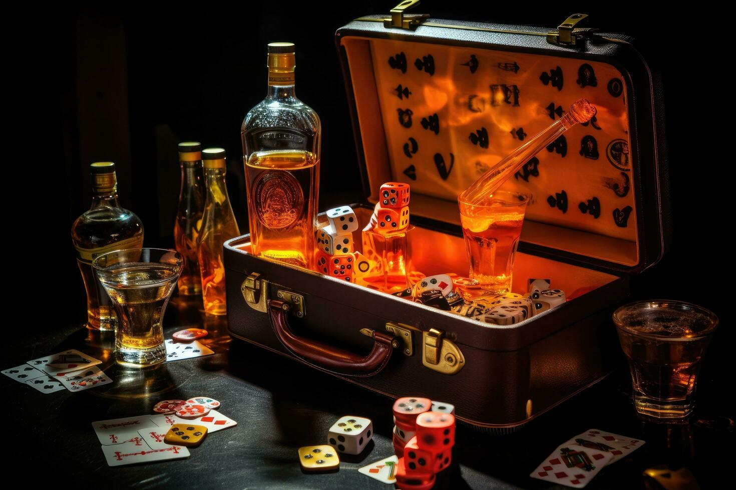 Dice, whiskey and cards on a black background. Casino concept, Now the only thing a gambler needs Is a suitcase and a trunk And the only time he'll be satisfied Is when he's all drunk, AI Generated photo
