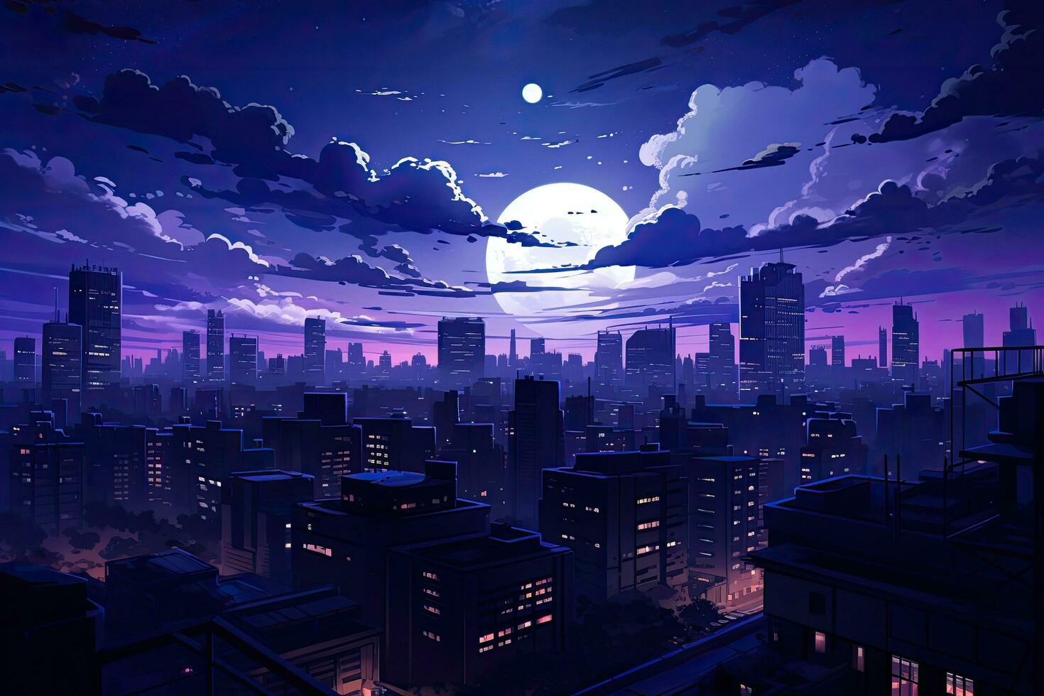 Cityscape at night with full moon and clouds, vector illustration, Night cityscape with highrise buildings and skyscrapers, AI Generated photo