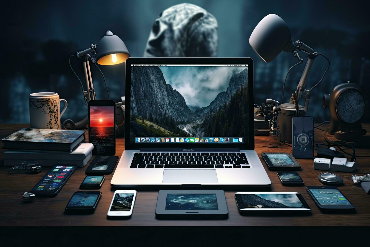 Modern workplace with laptop, tablet, mobile phone and other objects, Photographer's workplace with laptop, tablet, smartphone and other equipment, AI Generated photo