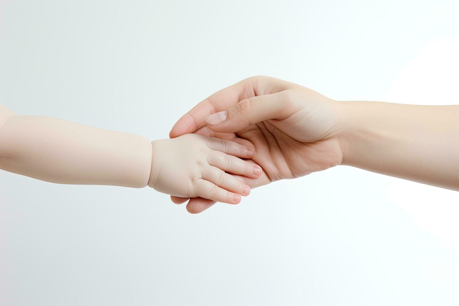 Hand of mother holding hand of daughter on white background, closeup, Newborn baby and mother holding hands on a white background, Hands close up, no hand deformation, AI Generated photo