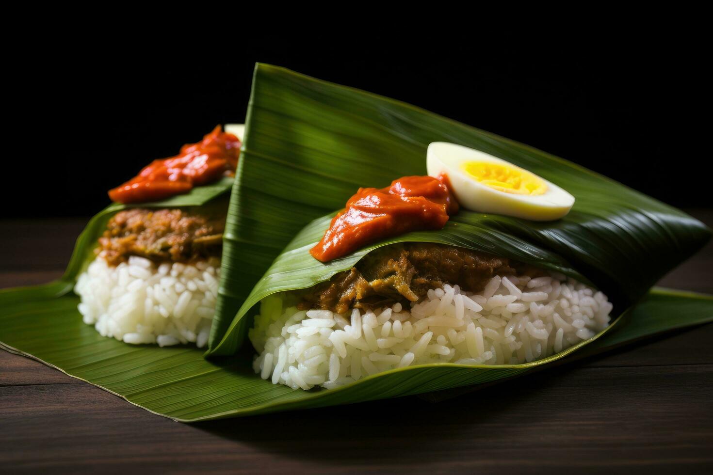 Rice with chicken and egg on banana leaf on wooden table, Nasi Lemak wrapped in banan leaf. Malaysian Food and Malaysia Flag, AI Generated photo