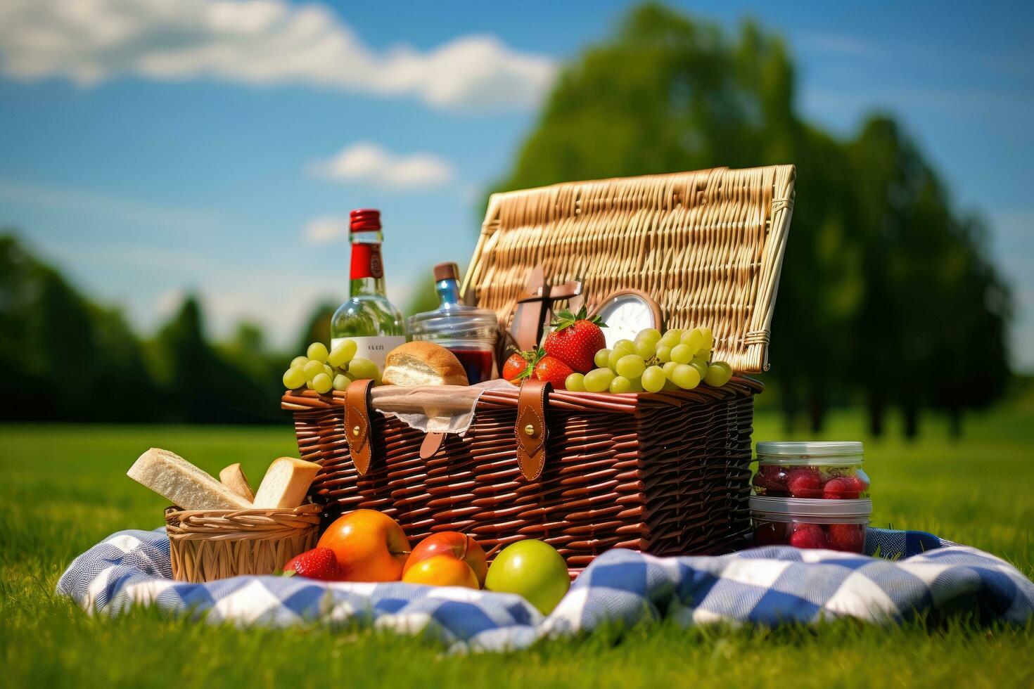 picnic cesta con comida en verde césped en el parque en un soleado día, picnic cesta tiene un lote de comida en verde césped con azul cielo en parque.allí son Leche ,manzanas ,naranjas, ai generado foto