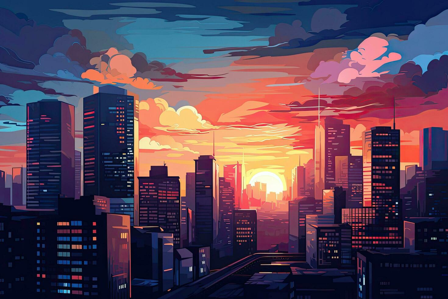 Cityscape at sunset with skyscrapers. Vector illustration in flat style, Night cityscape with highrise buildings and skyscrapers, AI Generated photo