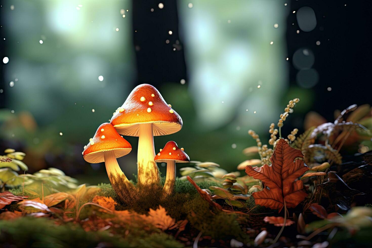 Fantasy mushrooms in the forest. 3D illustration. Nature background, Mushrooms in the forest with bokeh background. 3d rendering, AI Generated photo