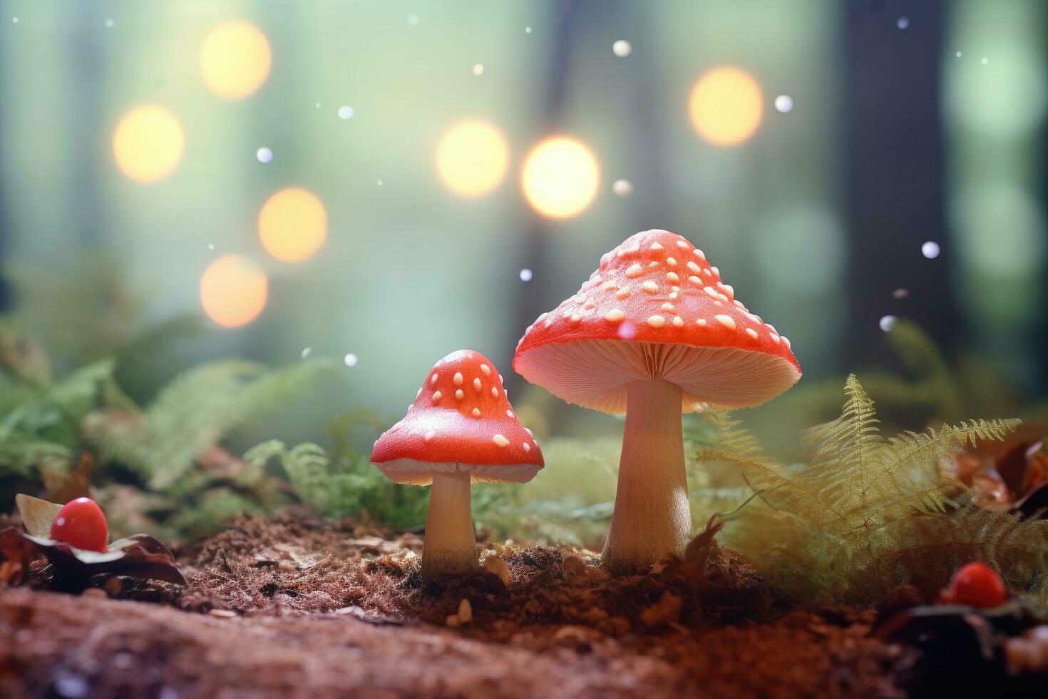 Mushroom in the forest with bokeh lights background, Mushrooms in the forest with bokeh background. 3d rendering, AI Generated photo