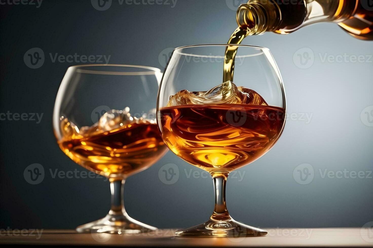 Cognac or brandy is poured into a glass on the bar counter. photo